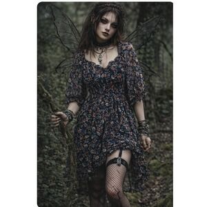 Fairy Grunge Dress *L Chiffon Sheer Milkmaid Dark Floral Whimsigoth Cottage